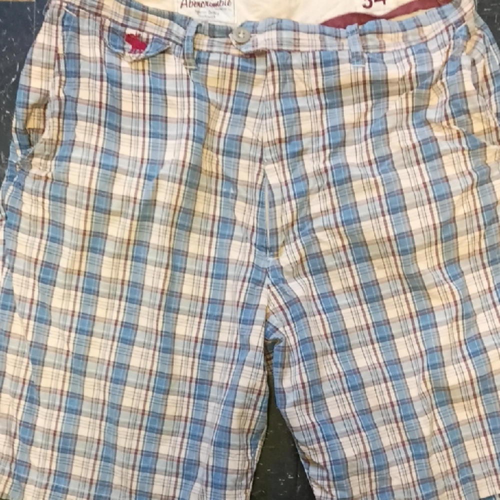 Abercrombie & Fitch Plaid Cotton Flat-Front Shorts in Blue and Tan